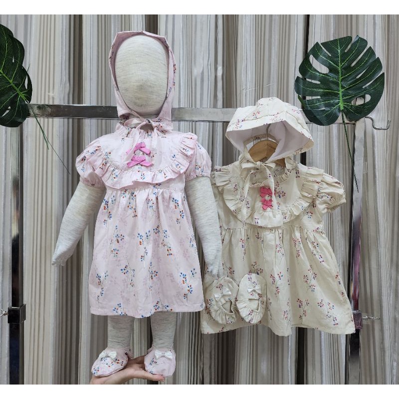 Baju bayi perempuan dress kumplit Topi &amp; sepatu baby