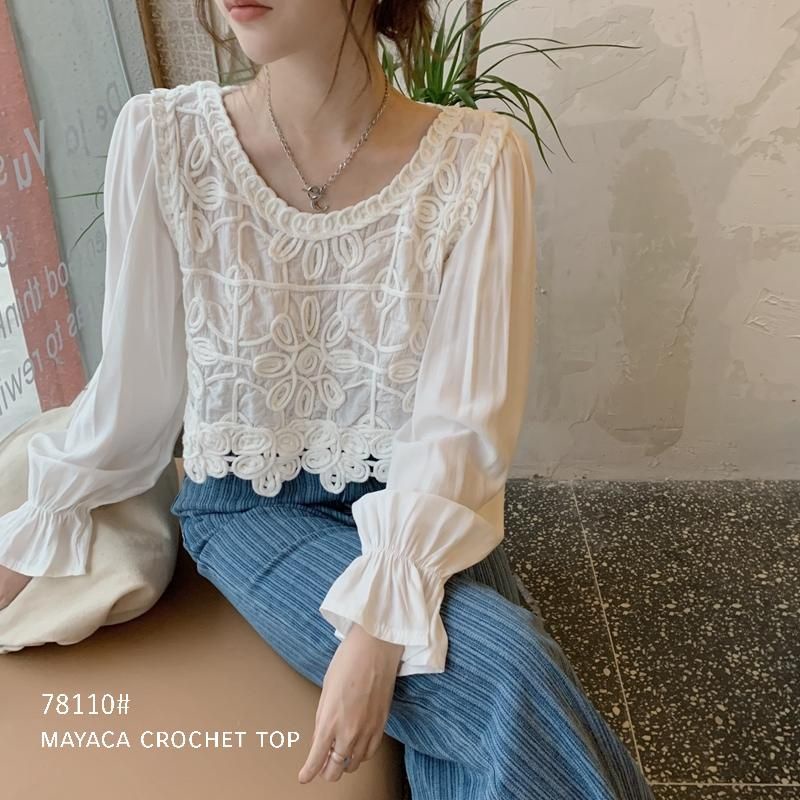 MDLV ~ 78110 MAYACA CROCHET TOP KOREA TERBARU ATASAN CROP BRUKAT LENGAN PANJANG FASHION IMPORT