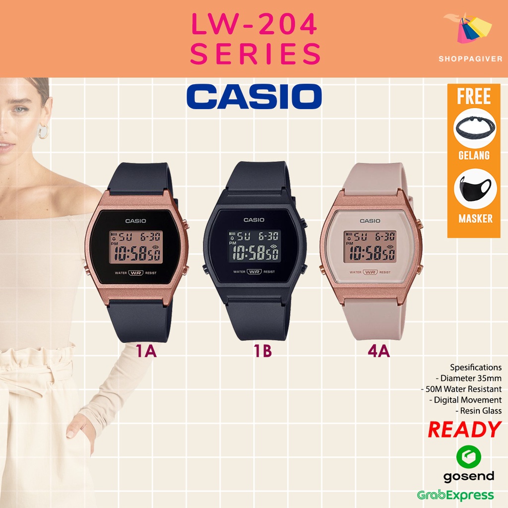 CASIO ORIGINAL LW-204 SERIES LW-204-4A/1A/1B JAM TANGAN WANITA DIGITAL TALI KARET BERGARANSI