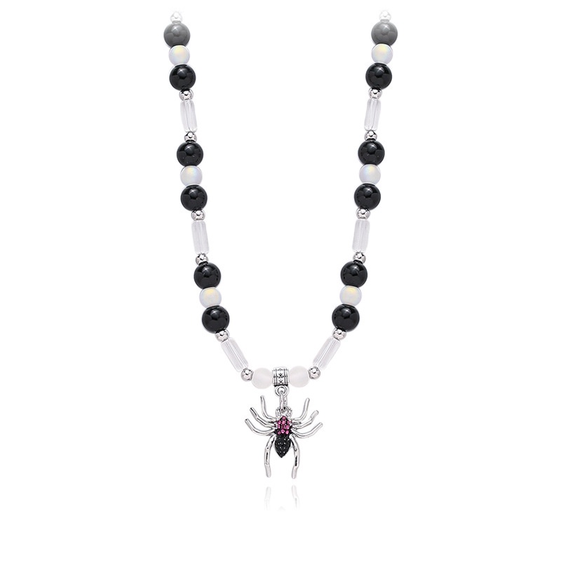 Black bead mosaic clavicle chain Diablo High Street diamond spider pendant round bead necklace for men and women.