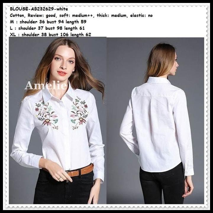 BAJU ATASAN KEMEJA BORDIR WANITA WHITE BLOUSE KOREA IMPORT TUNIK PUTIH