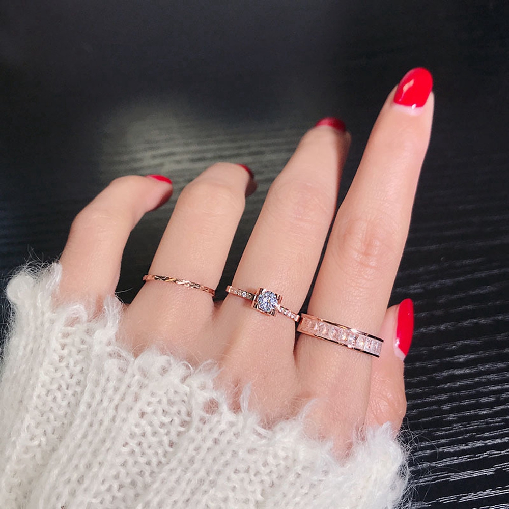 Cincin Kawin Mawar Emas Baja Titanium Pesona Fashion Wanita Perhiasan Kristal Berlian Rings