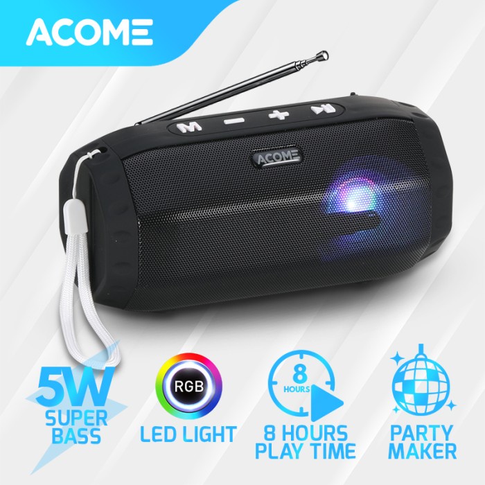 ACOME Speaker TWS 8W Super Bass Bluetooth 5.0 Hi-Fi RGB Party Maker A3 - Black