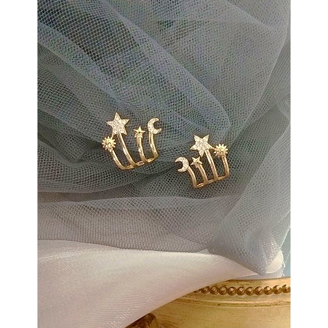 LRC Anting Tusuk Fashion Golden Star Moon Alloy Hollow Earrings K49004