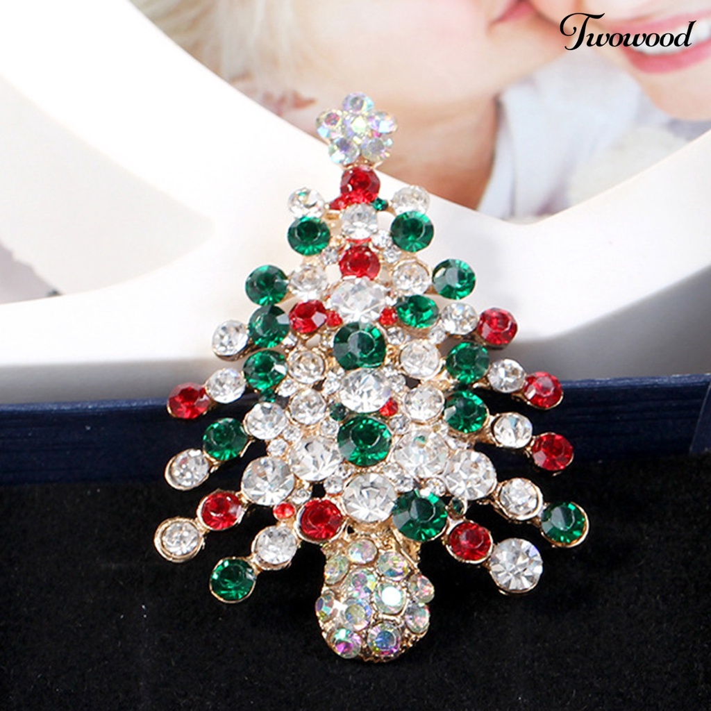 Twowood Women Brooch Pin Christmas Tree Shape Colorful Rhinestone Jewelry Shiny Rhinestone All Match Brooch for Christmas