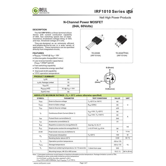 Mosfet N channel IRF1010 IRF 1010 84A 60V 84 Volt 60 Ampere