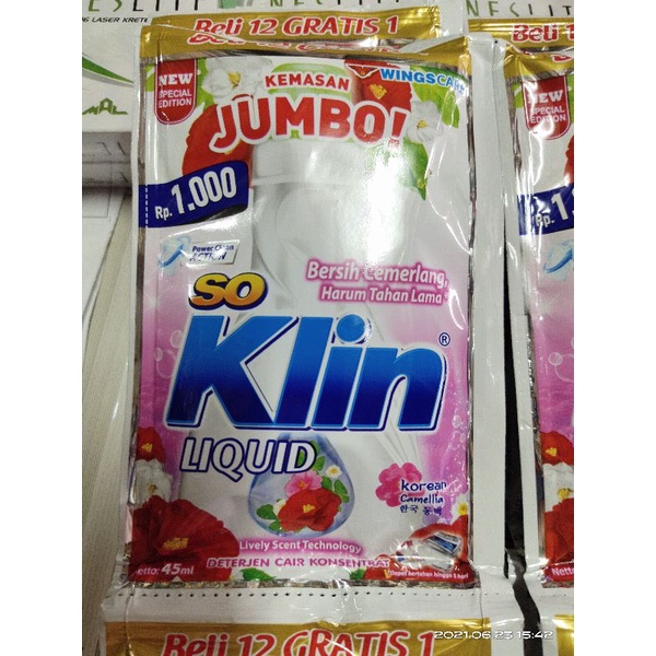 SOKLIN LIQUID JUMBO 1000.SEPAK 12 BKS+BONUS. ADA 7 WARNA