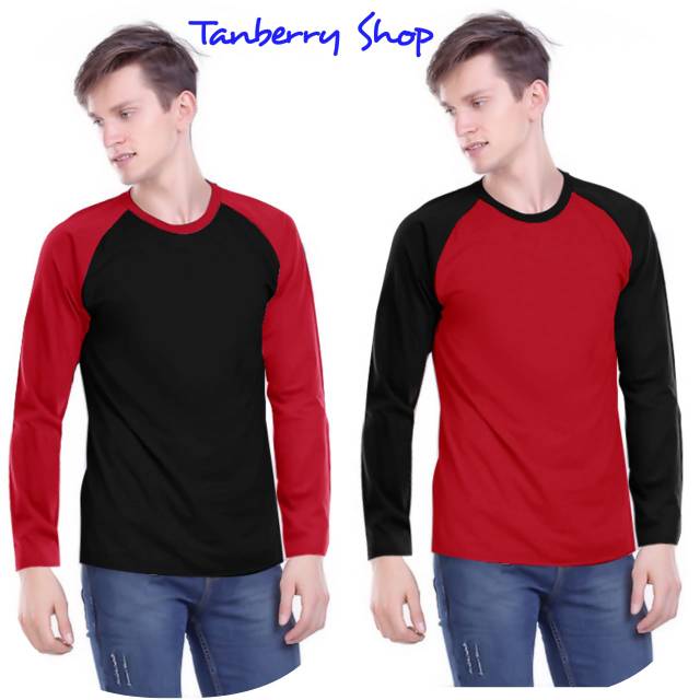  Kaos  Raglan Polos Lengan  Panjang  Kombinasi  Merah Hitam 