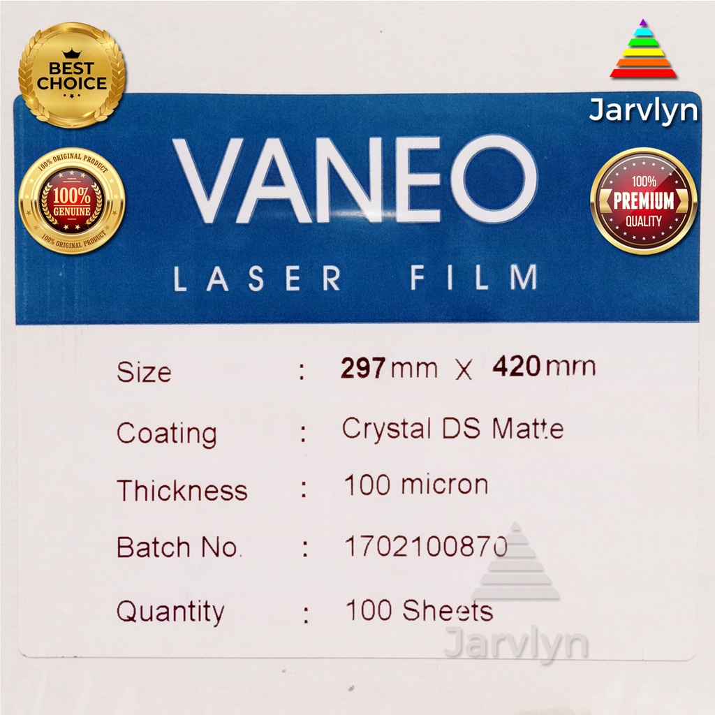 

LASER FILM A3 100 MICRON CRYSTAL DOUBLE SIDE MATTE MERK VANEO BENING TRANSPARAN CLEAR POLYESTER FILM POLYFILM POLYTRANS MYLAR KERTAS FILM SABLON AFDRUK EXPOSE FILM STEMPEL STAMP RUNAFLEX TRACING FILM KERTAS STENSIL STENCIL CRAFT PAPER ORI BERANDA JARVLYN