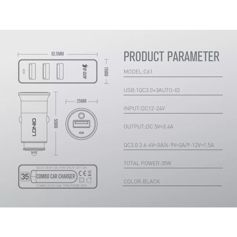 Charger Mobil Fast Charging Ldnio 4 Usb Combo Extension Car Charge C61