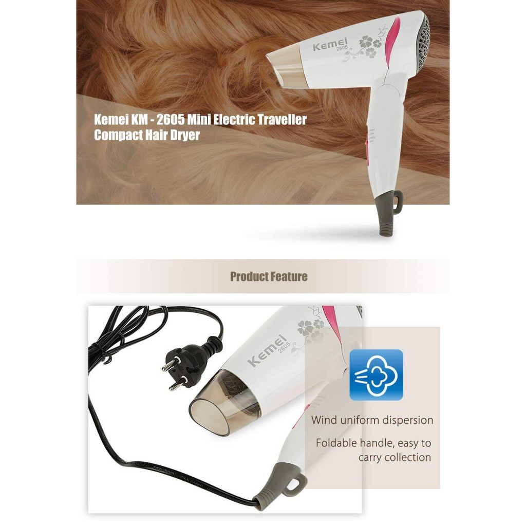 Kemei KM-2605 Pengering Rambut Hair Dryer Hairdryer Travel Lipat Panas Dan Dingin Kemei KM 2605