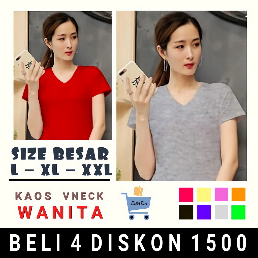 KAOS POLOS WANITA V NECK LENGAN PENDEK | BAJU POLOS WANITA  - XXL, T SHIRT POLOS WANITA