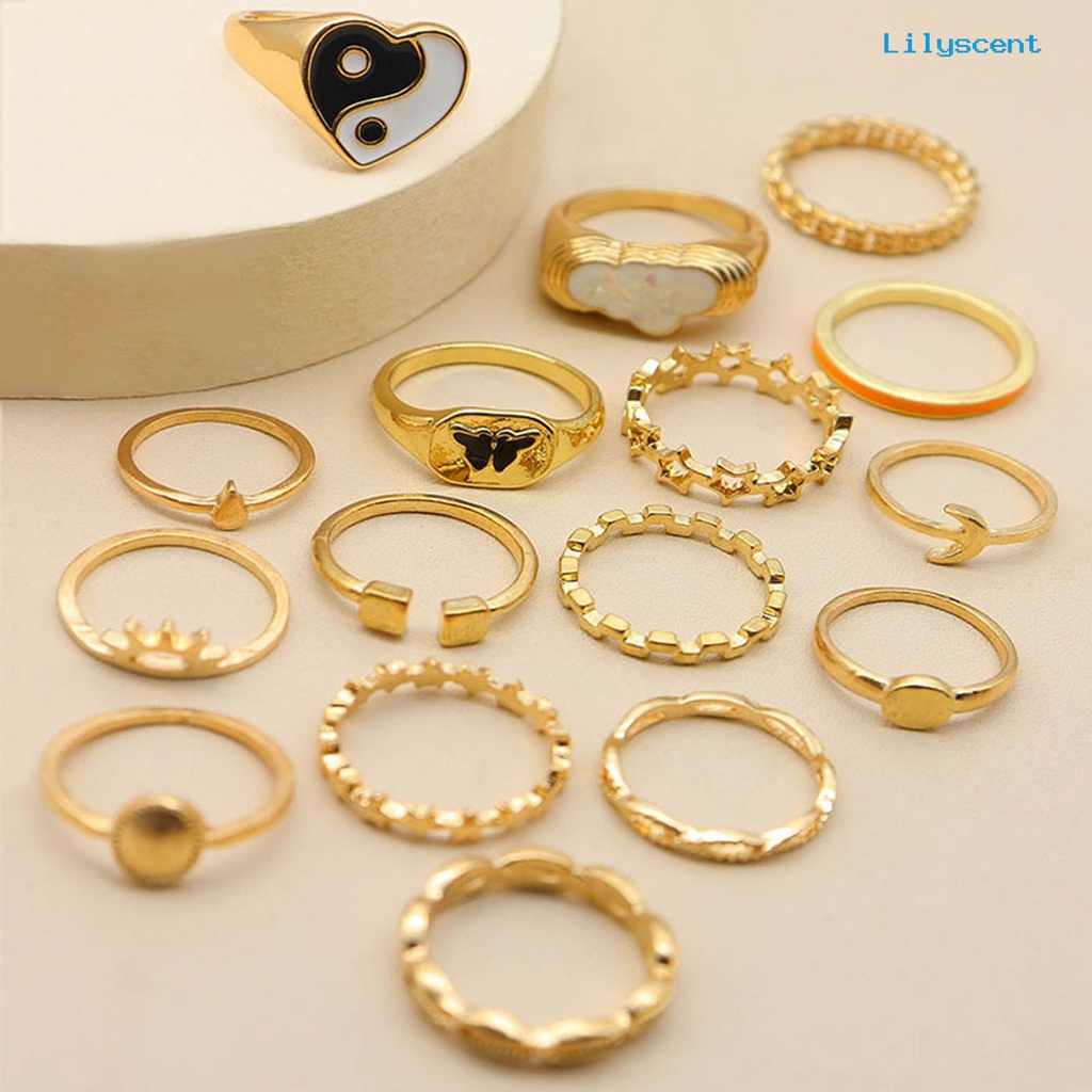 16pcs Cincin Knuckle Bentuk Yin Yang Multi Bentuk Stackable Untuk Wanita