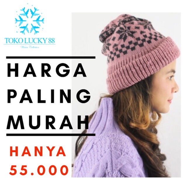 Topi Kupluk Rajut Wool Black Pink Hat Beanie Infinity Folded Snow