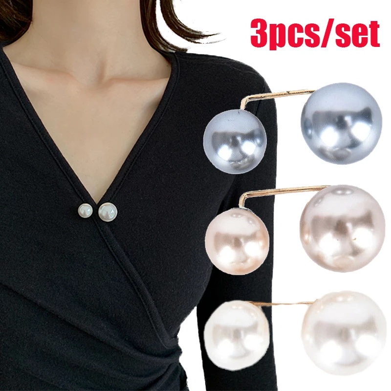 3 Pcs Bros Pin Klip Kerah Kemeja / Jaket / Sweater / Cardigan Bahan Logam Hias Mutiara Buatan Ganda Gaya Korea Untuk Wanita