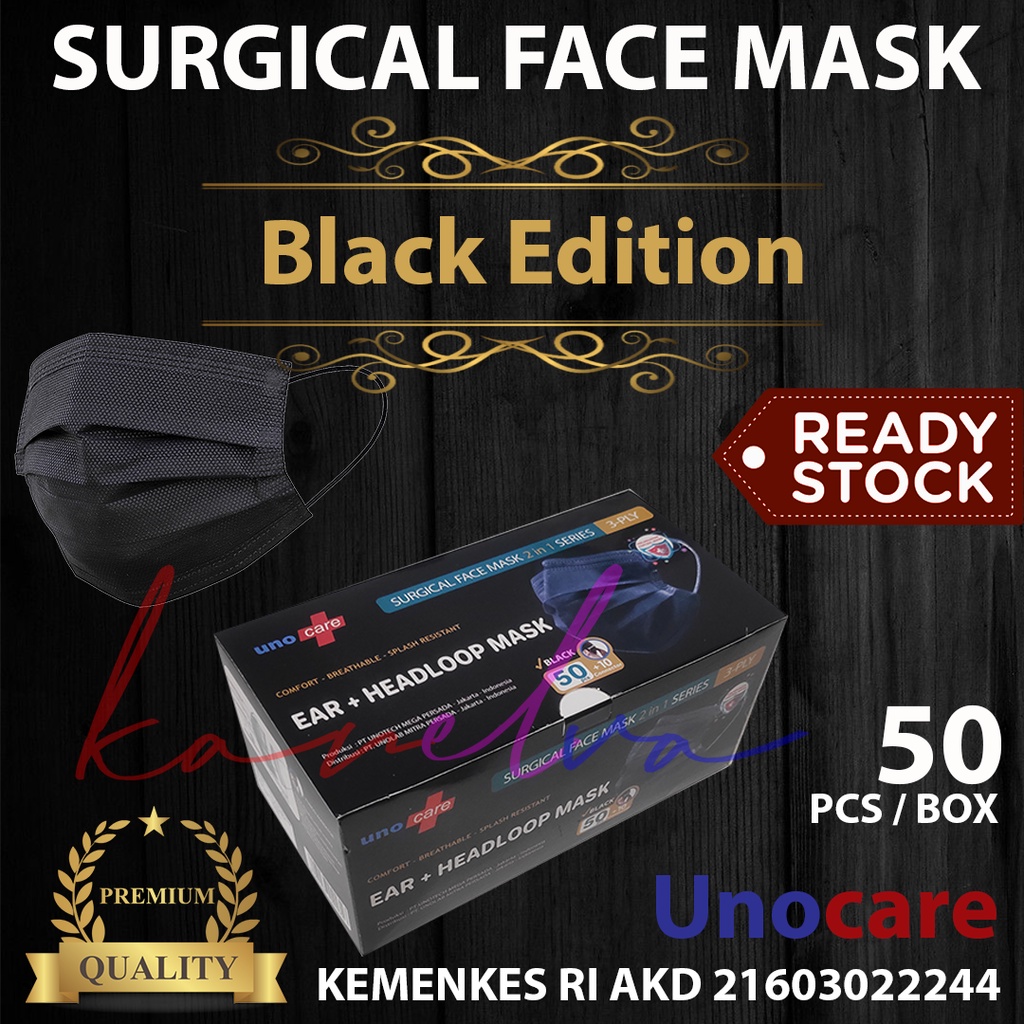 Masker Medis Bedah 3 Ply Surgical Face Earloop Mask Unocare Uno Care 3Ply Putih Hijau Hitam Biru Pin