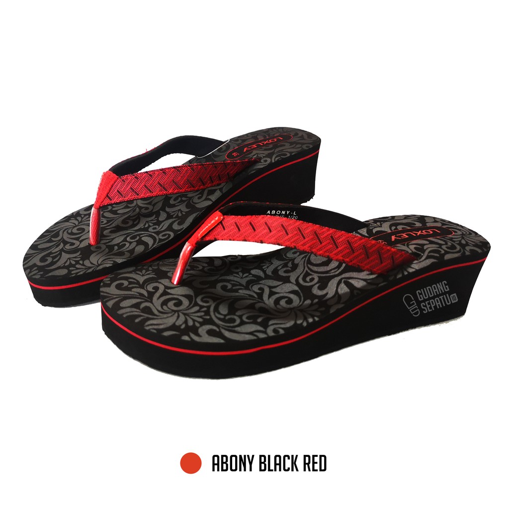 LOXLEY ABONY - Sandal Wedges Wanita Bermotif Cantik Black Red Size 37-40 Gratis Ongkir