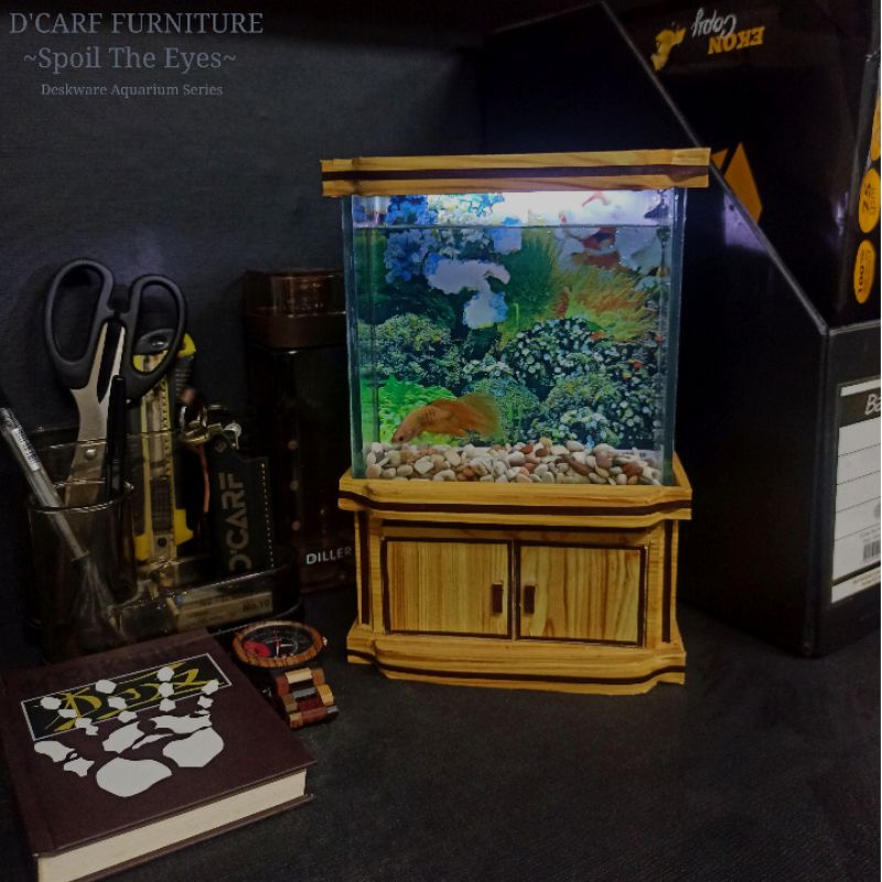 Aquarium Mini Desware Fullset Lampu Led, batu/pasir aquarium, cupang, background aquarium, aquarium,