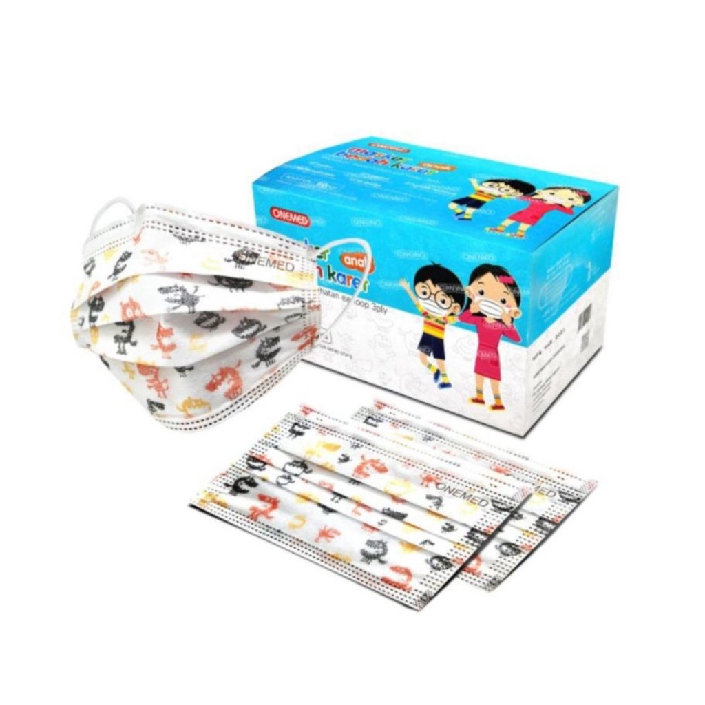 OneMed Masker Anak Earloop 3Ply Motif Kartun - Masker Bedah Karet / Surgical Mask Box Isi 50 Pcs