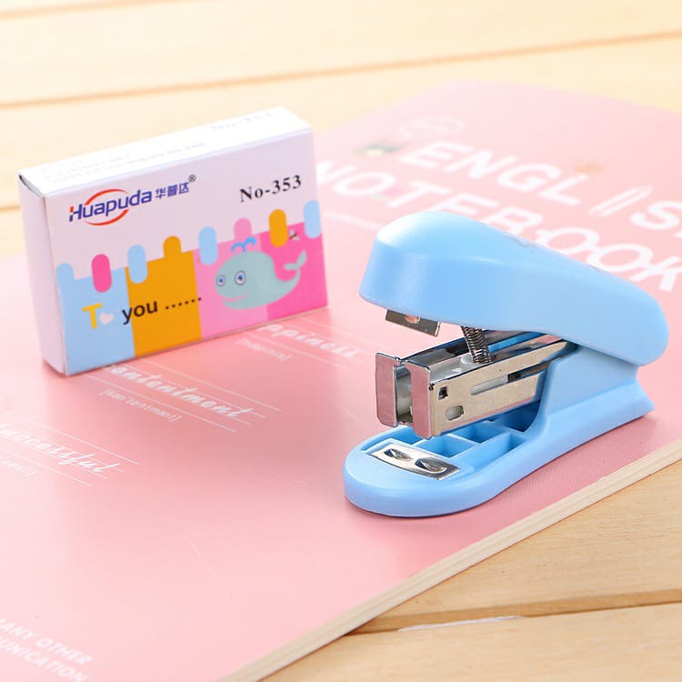 Staples Lucu Anak Sekolah Jepretan Stapler Cewek Set Mini Kecil Pink Biru Cowok dengan Isi