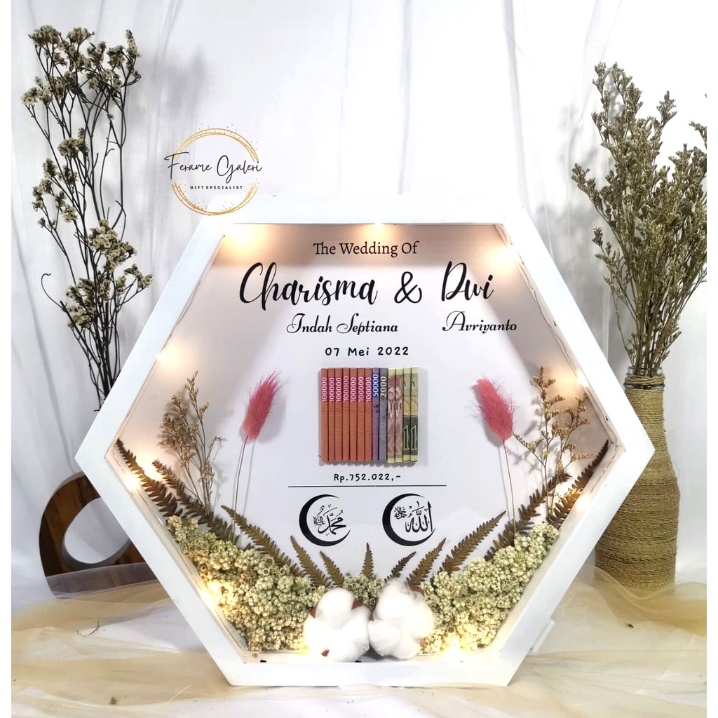 (1HariJadi) Mahar Pernikahan Bingkai 3D Hexagonal Mahar Rustic Antipecah Driedflower Seserahan Hantaran Foto Kado pernikahan Gift Anniversary Bunga Kering - Sharah17 by Ferame Galeri Rustic