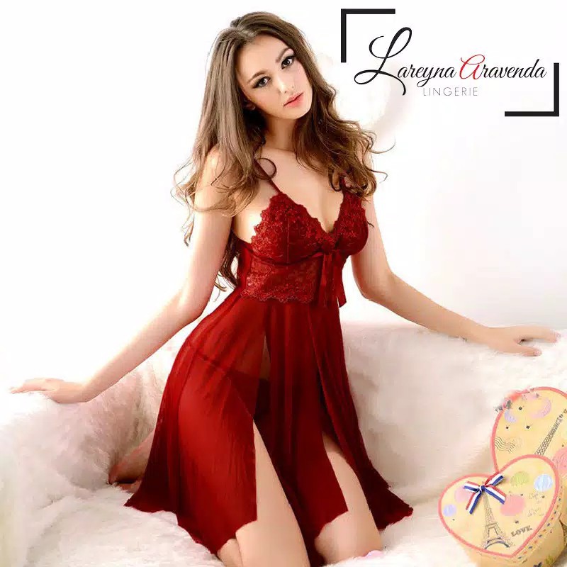 Set Lingerie &amp; G String Lace Fashion Model Sexy Charm Tanpa Lengan Import