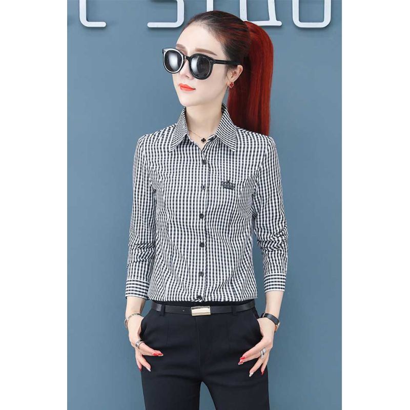 Kemeja wanita garis garis katun Korea lengan panjang elegant