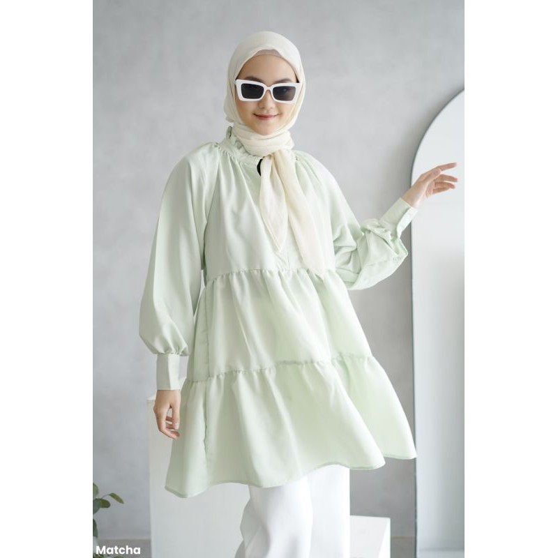 ruffle puff tunic casual dress wanita