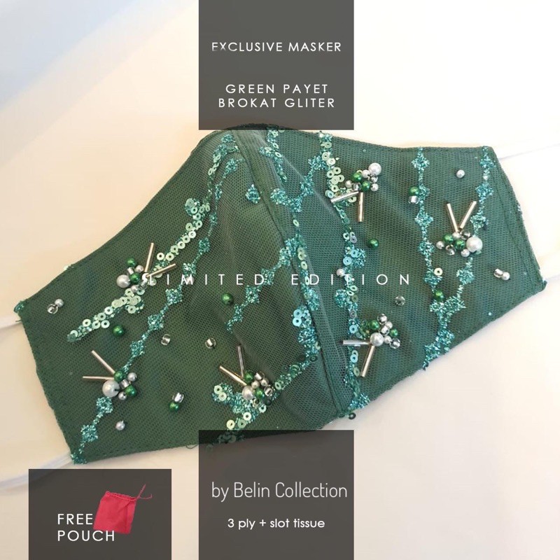 Masker Kain Brokat Premium Pesta 3ply|  Hijau Green Emerald sequin Payet