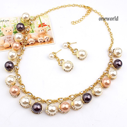 OW@ Women Faux Pearls Rhinestone Chain Necklace Earrings Wedding Bride Jewelry Set