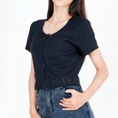 Invera × Jenny Rib Crop Top Button Black ( kancing aktif ) - Rib Crop Top - Korean Style