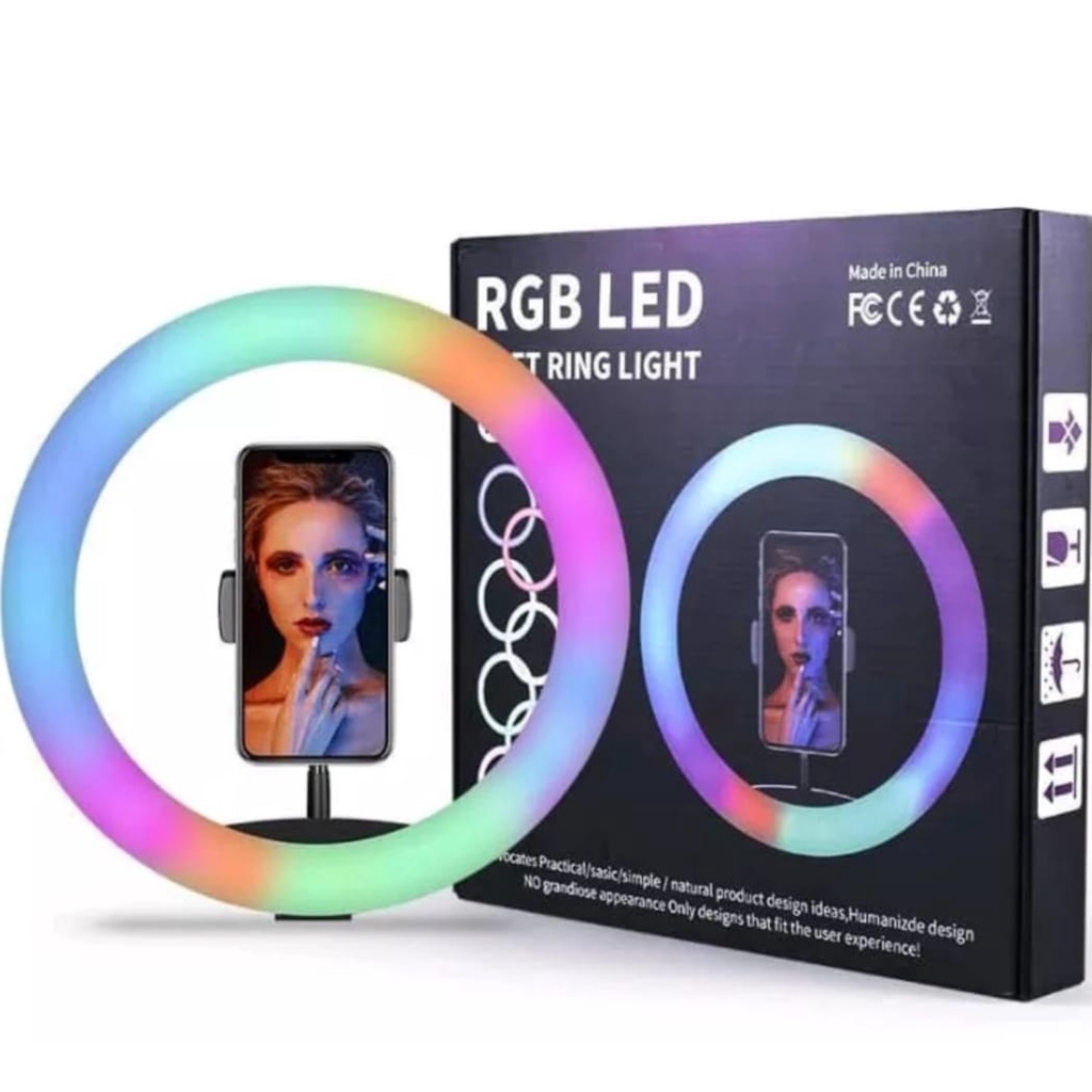 Ringlight 26cm Rainbow RGB Selfie Ring(PAKET KOMPLIT)+Tripod 2.1M+Holder-Satu Set Ring Light 26 cm Rainbow RGB-Ring Light Selfie HP &amp; Camera 1Set Lightning Photography TIik tok Livestreaming-Vlogger-Youtube