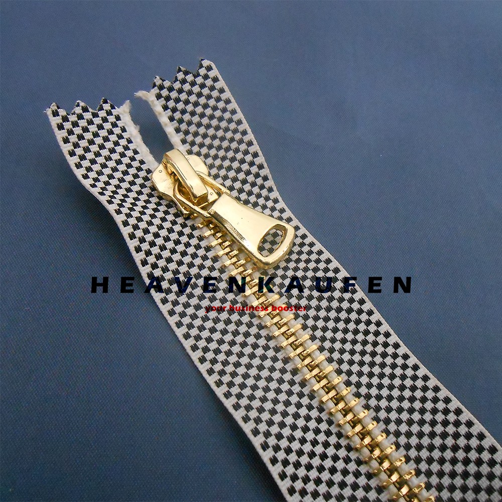 Resleting Zipper 15 cm Kain Motif Kotak Catur Gigi Gold Harga Per Biji