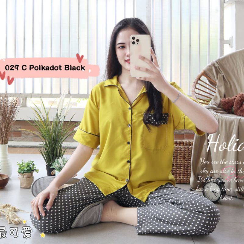 Baju Tidur Piyama Wanita Dewasa Piyama Baju Santai Motif Bunga-Polkadot kuning htm