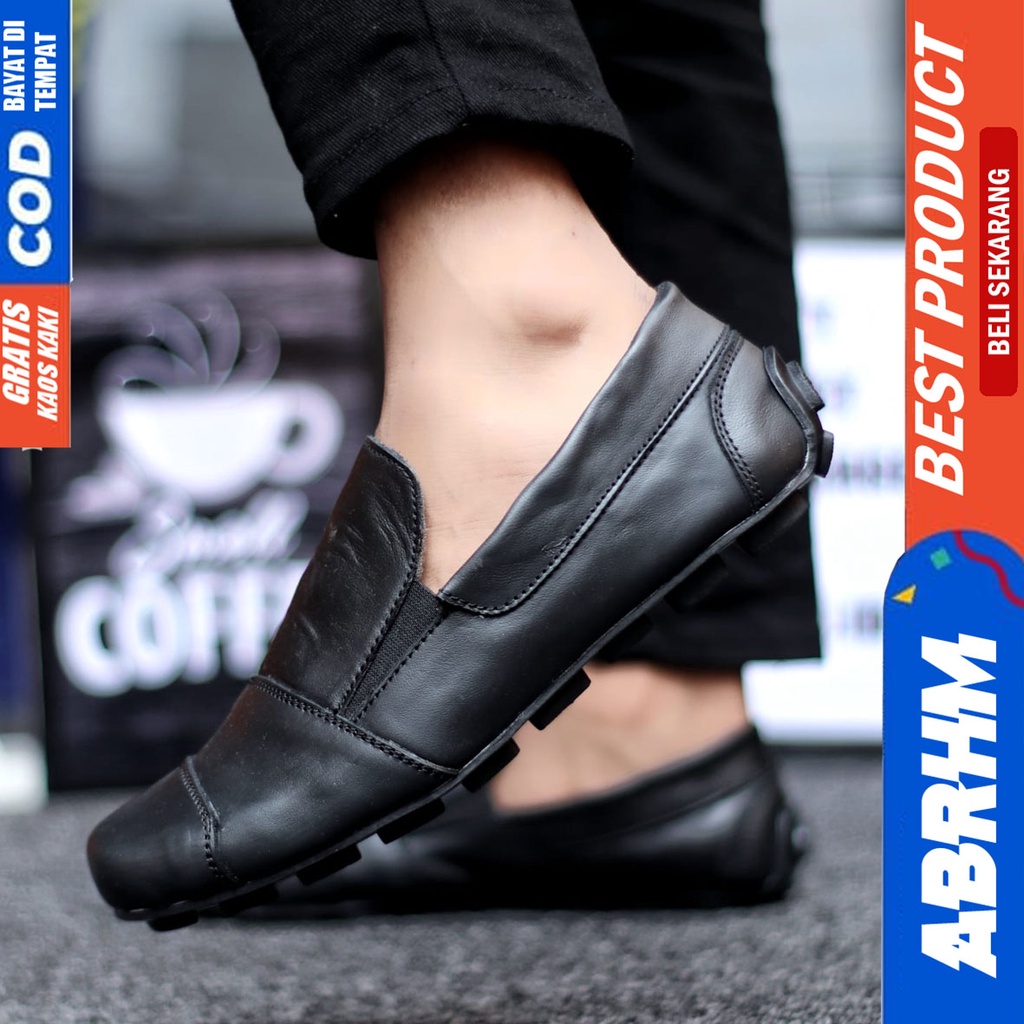 Abrhm Tice - Sepatu Slip On Casual Pria Kulit Asli Hitam