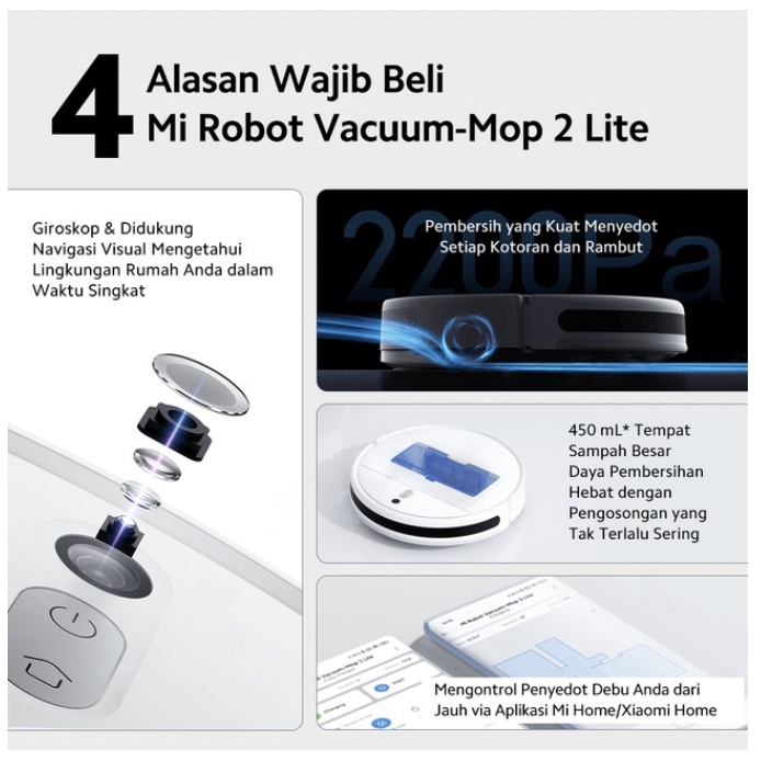 Xiaomi Mi Robot Vacuum-Mop 2 Lite Pola Pembersihan Zigzag 25 Sensor Daya Hisap Kuat 2.200 Pa