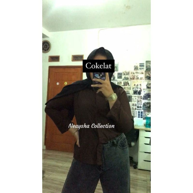 Kemeja wanita polos basic lengan panjang bahan katun rayon-Coklat