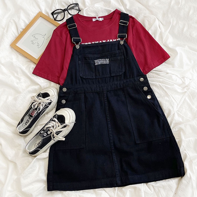 Bordir surat pengurang usia retro yang lucu, saku besar, rok suspender denim longgar dan tipis yang cocok untuk semua,