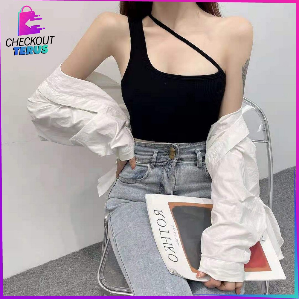 CT  P158 P159 Tank Top Wanita Crop Model Lengan Satu Ala Korea Pakaian Dalam Wanita Sexy CropTop One Shoulder