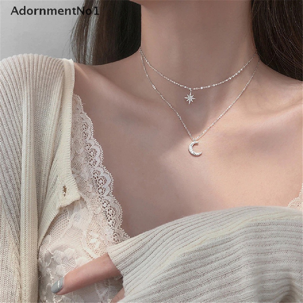 (AdornmentNo1) Kalung Choker Rantai Dua Lapis Dengan Liontin Bulan + Bintang Untuk Wanita