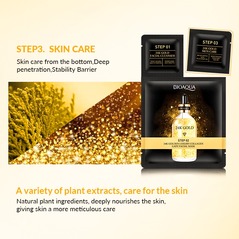 BIOAQUA 24K Gold Facial Mask set (1.5g+28g+1.5g)×5pcs contain facial wash/sheet mask/essence