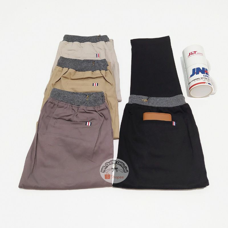 Celana Chino Pinggang Karet Rip Panjang Pria Kolor Panjang Polos Bahan Cotton Combed Diamond