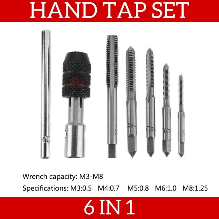 Alat Membuat Drat Baut Hand Tap Set 6 in 1 Wrench Hand Tapping Derat