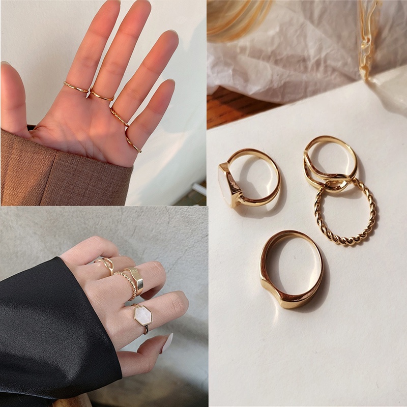 4 pcs Set INS Korea Sederhana Cincin Emas Empat potong untuk Wanita