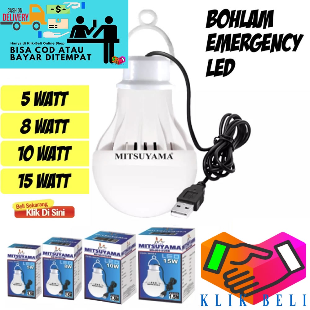 Bohlam USB Emergency 5 / 8 / 10 / 15 Watt LED Mitsuyama Lampu Panjang Kabel 1,5 Meter