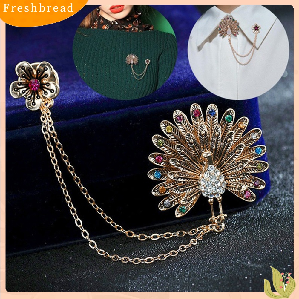 [ TERLARIS]Women Cubic Zirconia Inlaid Peacock Flower Double Chain Tassel Brooch Pin Gift