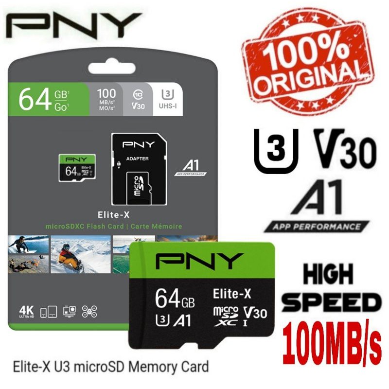 microSD 64GB XC U3 V30 PNY Elite-x 100Mb/s 100% Original