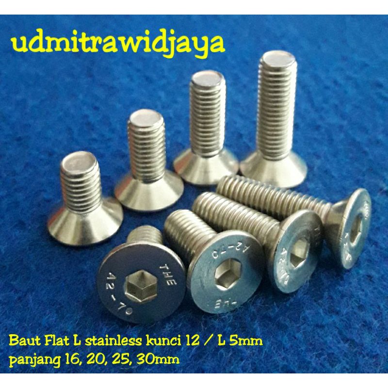 Baut Flat L baut countersink 8x16 tirus verseng L kunci 12/L 5mm panjang 16, 20, 25, 30, 40, 50mm stainless