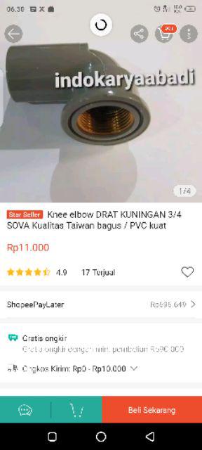 Knee Elbow Drat Kuningan 3/4 Sova Kualitas Taiwan Bagus / Pvc Kuat Sambungan Kran Pipa Air Serbaguna