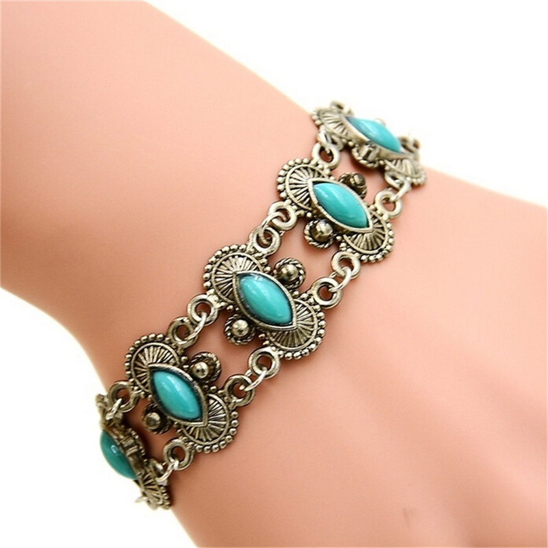 Gelang Tangan Silver Aksen Batu Turquoise Ala Bohemian Untuk Wanita